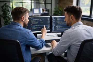 Två systemutvecklare samarbetar vid datorer och diskuterar kod i modern kontorsmiljö.